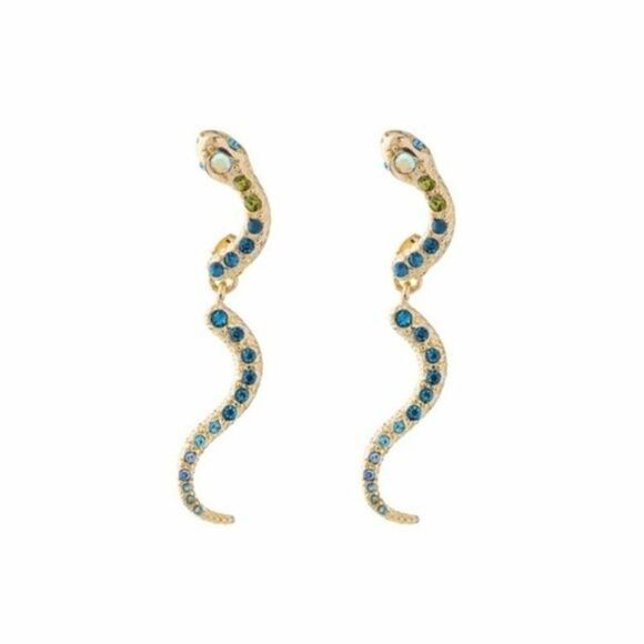 Blue Crystal Snake Vintage Gold Stud Drop Statement Earrings - Picture 1 of 13